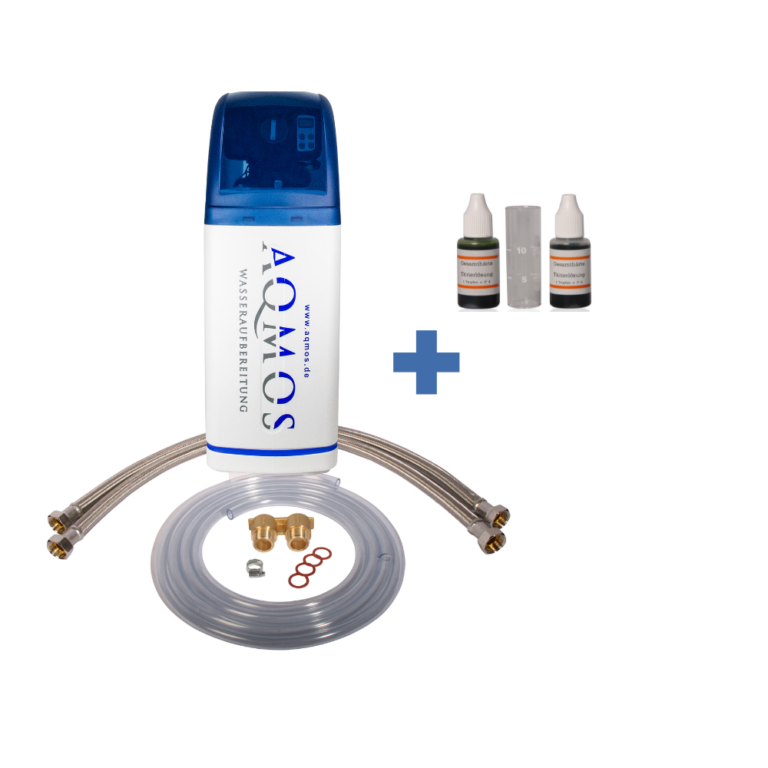 Aqmos R2D2 32 waterontharder geschikt voor 1 tot 5 personen en jaarlijks verbruik tot 180 m³ voorkomt kalkaanslag in keuken badkamer en huishoudelijke apparaten inclusief aansluitset en testset