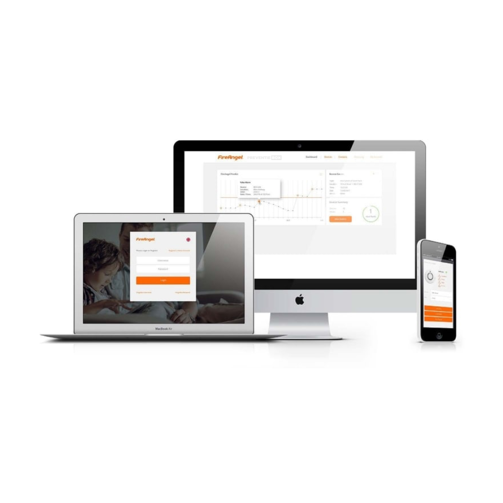FireAngel WG2-INT Gateway brandpreventie dashboard op laptop desktop en smartphone